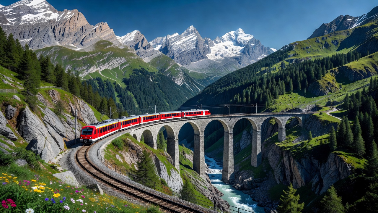 Bernina Express train navigating mountain pass and viaduct in Swiss Alps