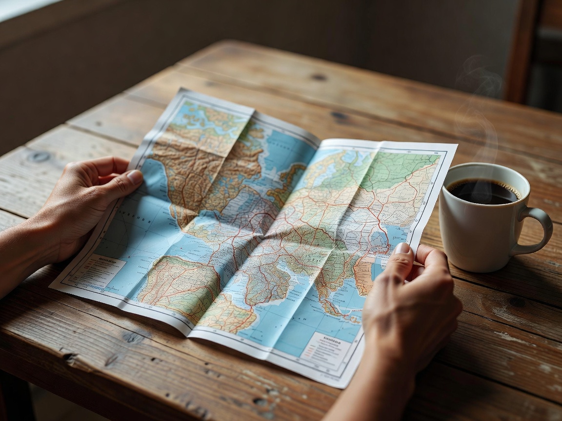 Hands holding open travel map on wooden table with coffee