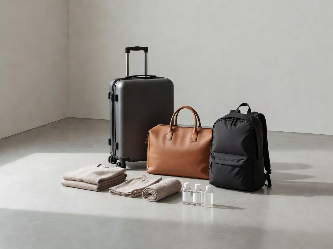 Minimalist luggage items, capsule wardrobe, and compact gear packed carefully on a wooden surface for long train journeys