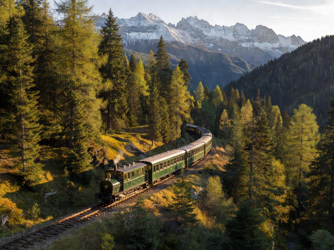Scenic alpine passenger train winding through forest mountains