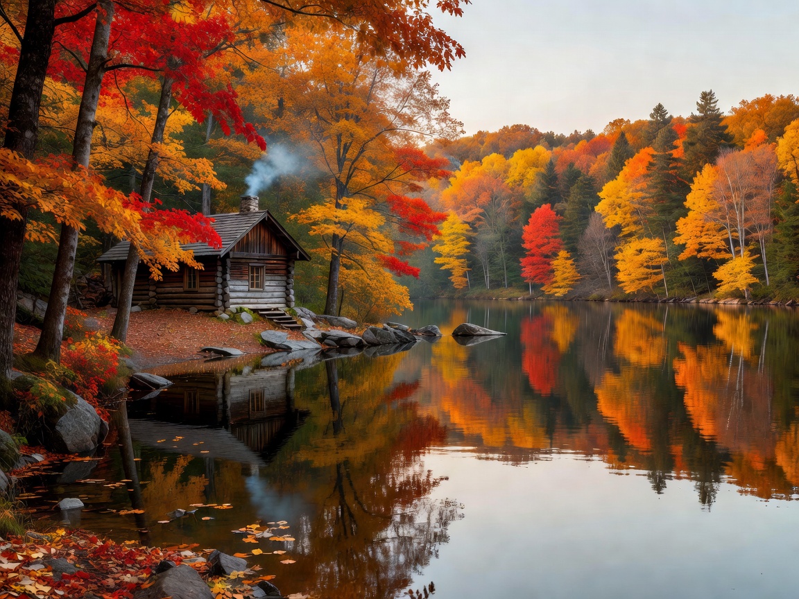 Serene traditional countryside path surrounded by vibrant autumn trees and wooden post-town buildings in Japan