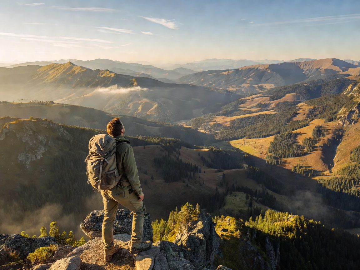 Solo hiker with light backpack looking over expansive green mountain valleys and village trail routes