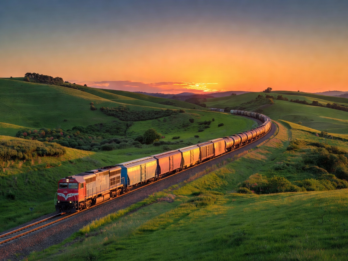 Nightjet passenger train rolling past golden sunlit rolling hills and vineyards of Southern Europe