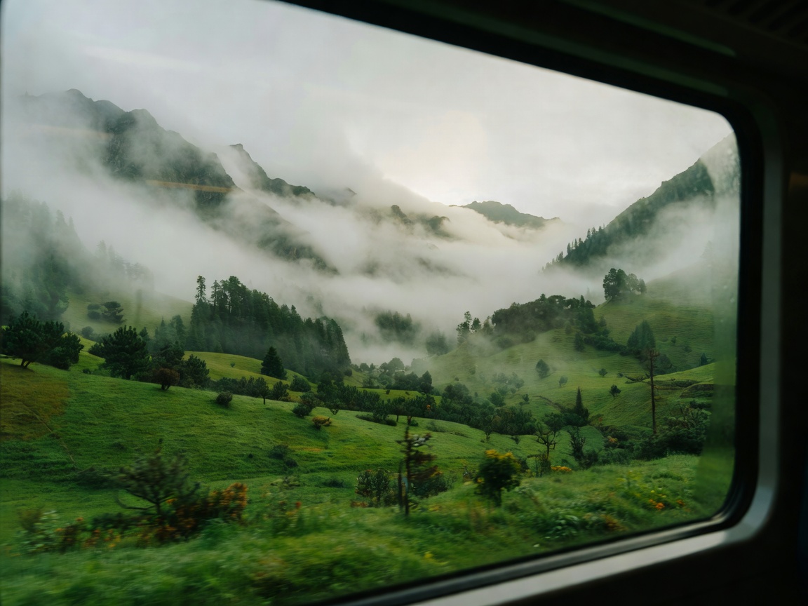 View from train carriage window passing through green misty mountain valley